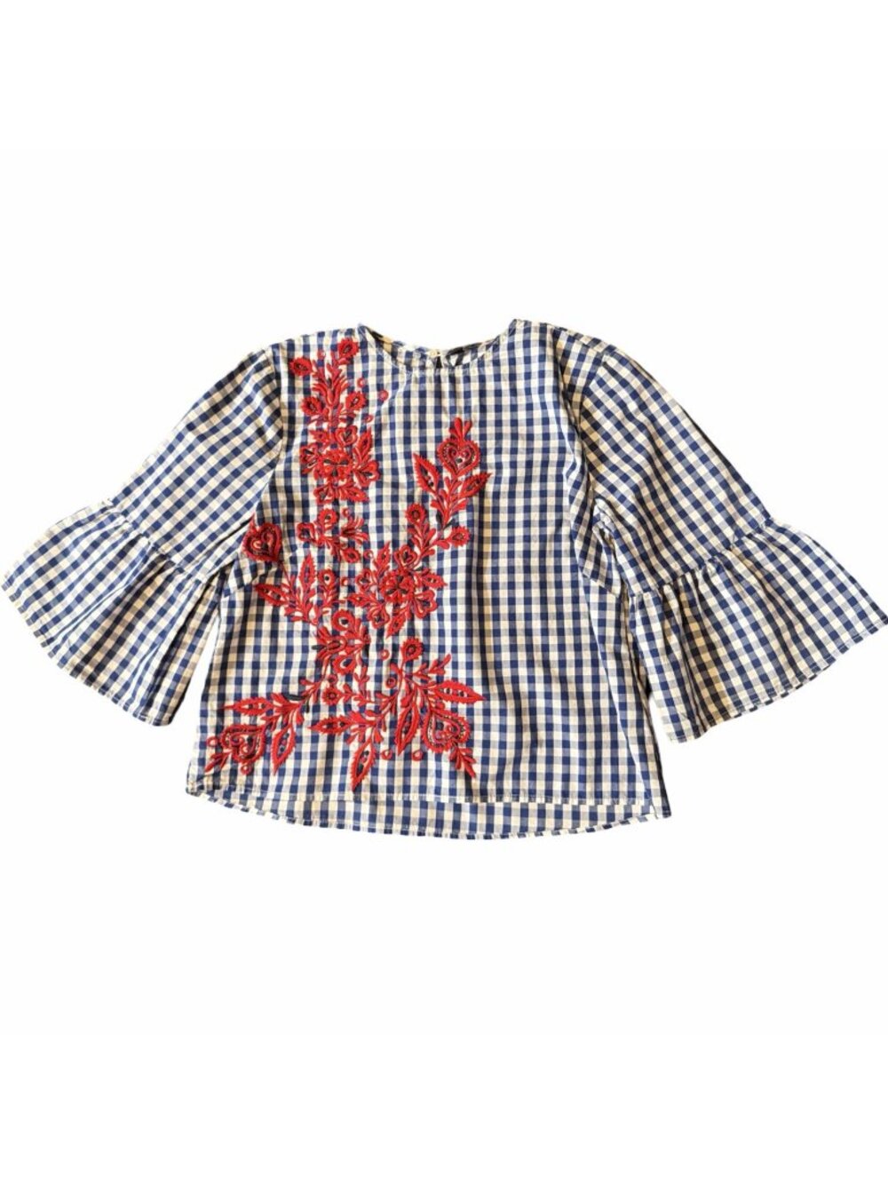 Zara Sz S Embroidered Gingham Checked Blouse Bell Sleeve Blue Red Statement Top